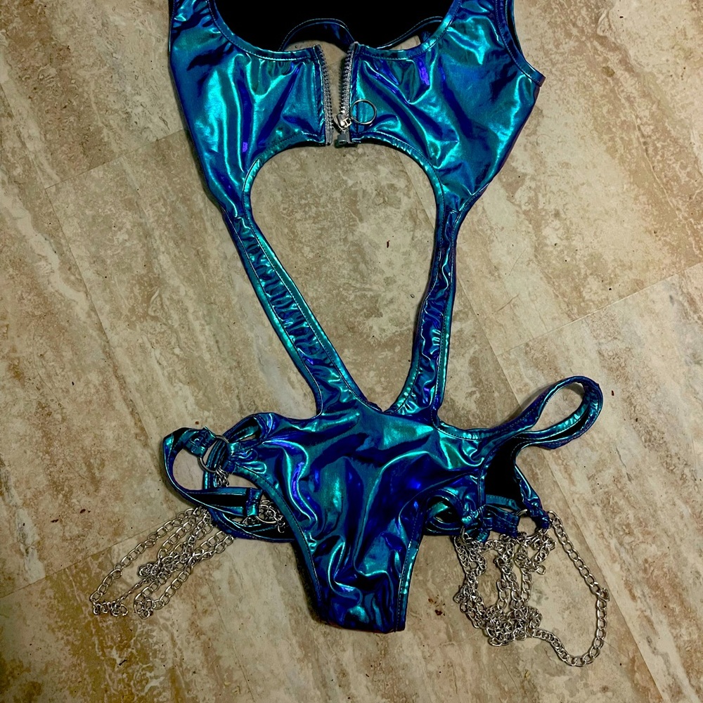 Sexy dolls kill metallic one piece with chains